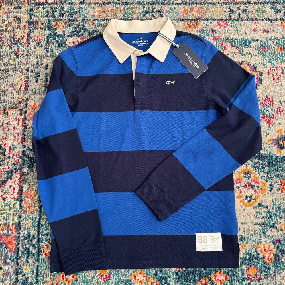 NEW Vineyard Vines Boys Polo Rugby Shirt Nauitcal Navy Maritime Blue Size L